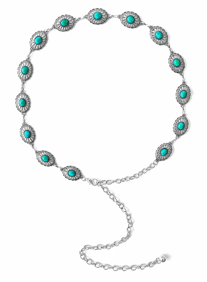 Concho Turquoise Chain Belt, Adjustable Western Metal Waist Chain Belt, Cute Women's Western Country Belt for Jeans or Dresses