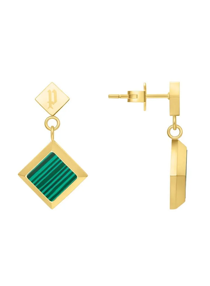 Police Blatant Yellow Gold Plated Stainless Steel Ladies Earrings With Malachite Inlay & Crystal - PEJLE0001301
