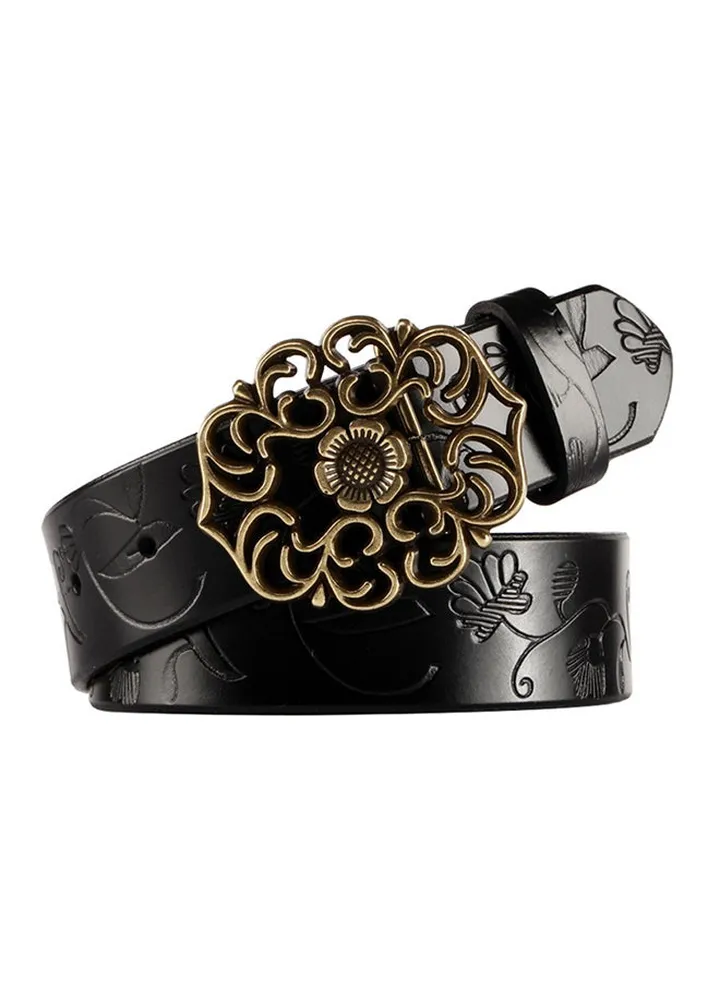 Vintage Carved Flower Strap Belt Black