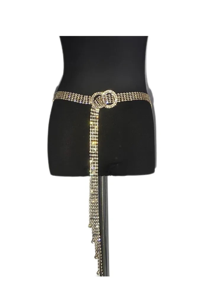 Full rhinestone waist chain diamond tassel belt fashion versatile double ring belt