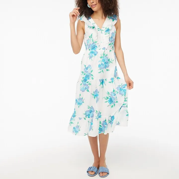 J.Crew Factory Women's Printed V-Neck Smocked Midi Dress