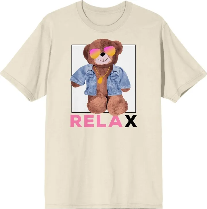 Teddy Drip “Relax” Chill Bear with Denim Jacket and Sunglasses Men’s Natural Short Sleeve Crew Neck Tee-XXL