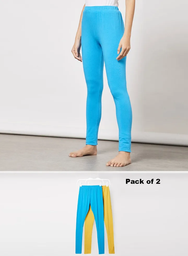 Women's Pack of 2 FreeSize Stretchable Ankle Length Cotton Slim Fit leggings Mineral Yellow/Ibiza Blue