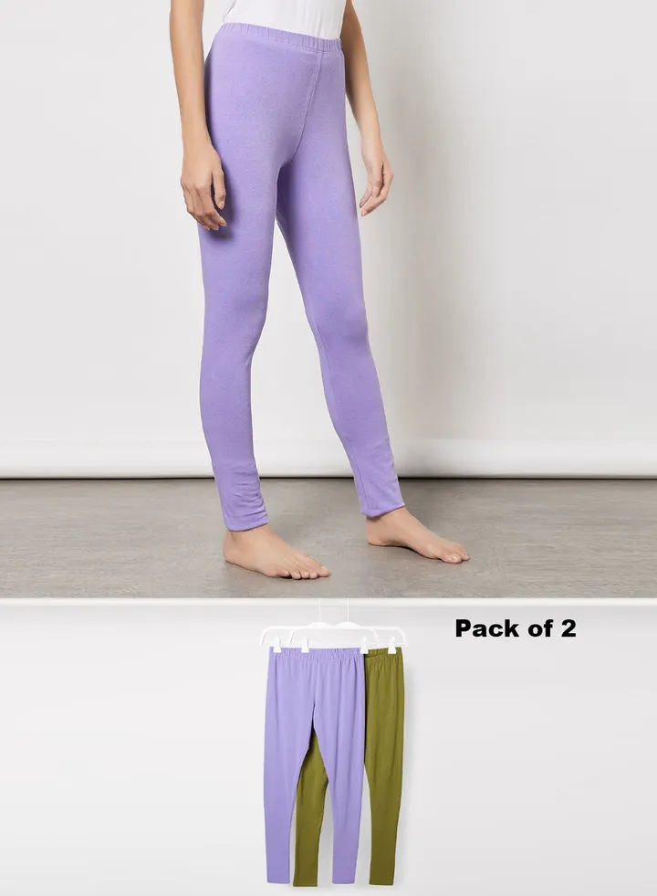 Women's Pack of 2 FreeSize Stretchable Ankle Length Cotton Slim Fit leggings Olive/Purple