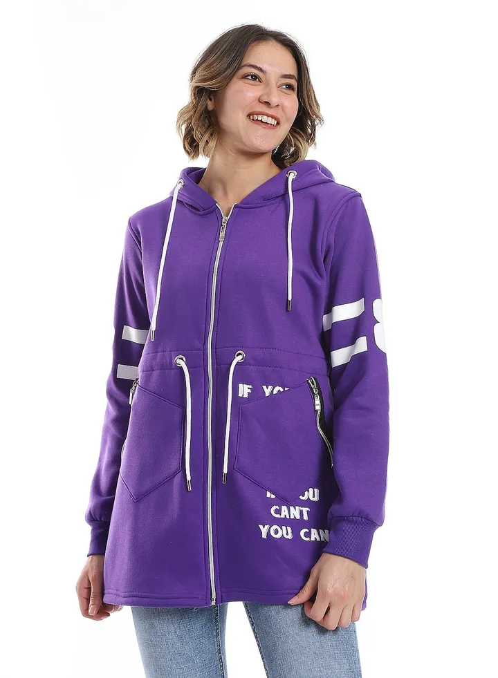 Women Hoodie With Front Zipper And Printed Sleeves