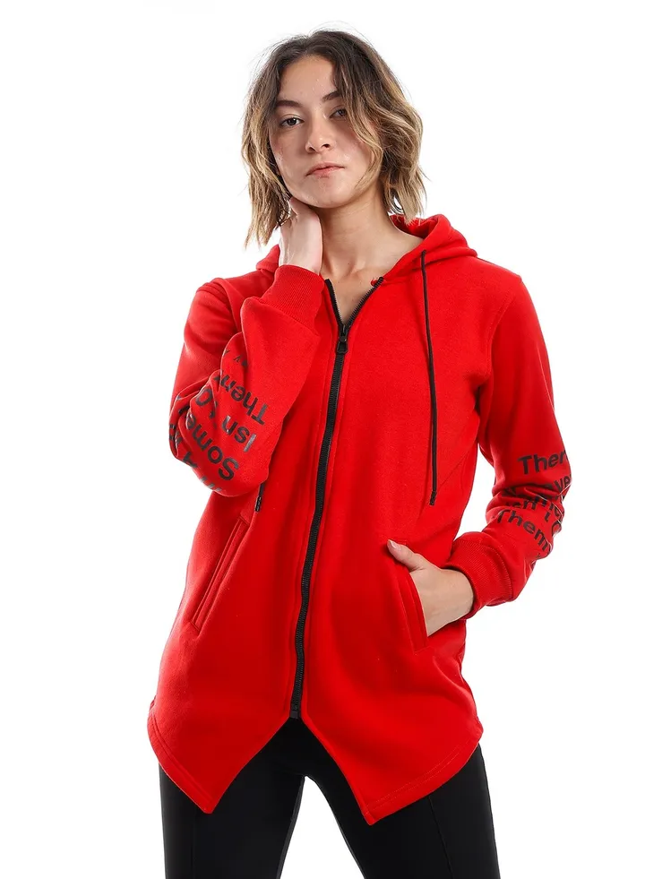 Women Hoodie With Front Zipper And Printed Sleeves