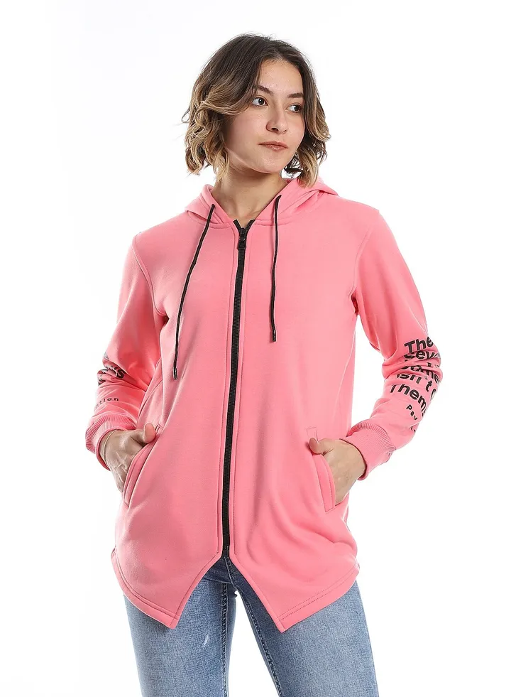Women Hoodie With Front Zipper And Printed Sleeves