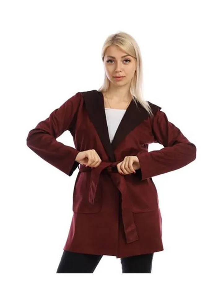 Casual Long Chamois Sweat Shirt With Hood Burgundy