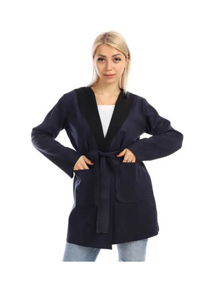 Casual Long Chamois Sweat Shirt With Hood Blue