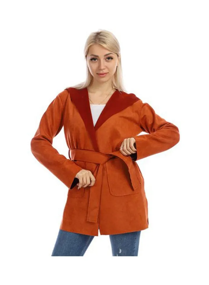 Casual Long Chamois Sweat Shirt With Hood Camel