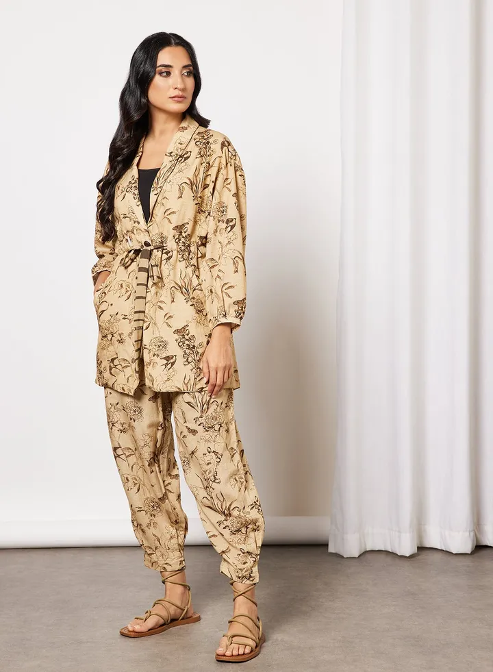Floral Top and Pants Set Beige
