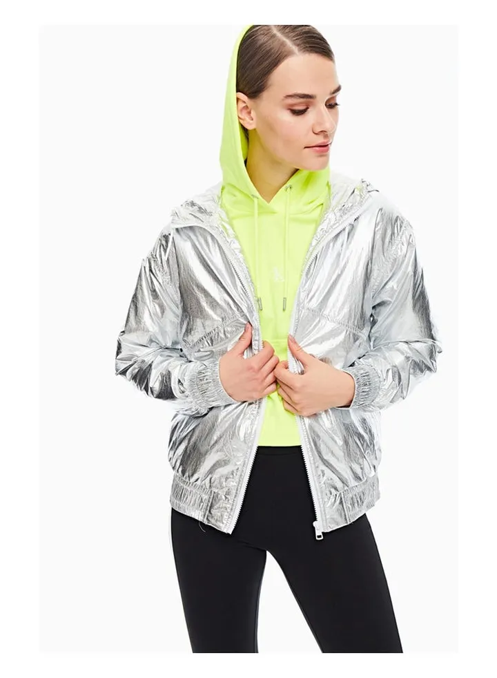 Metallic Hooded Windbreaker Jacket Silver