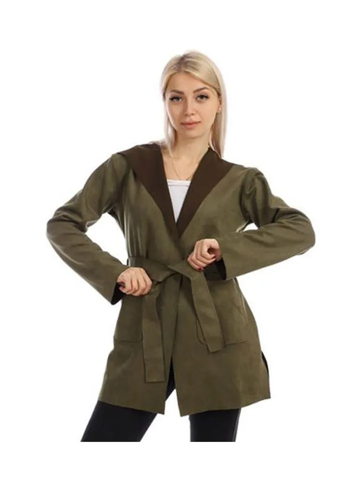 Casual Long Chamois Sweat Shirt With Hood Dark Green