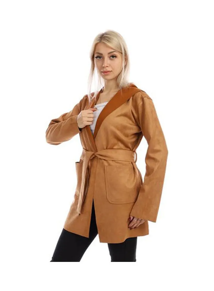 Casual Long Chamois Sweat Shirt With Hood Light Brown