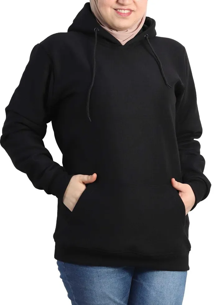 Long Hoodie Melton Cotton For Women - Black
