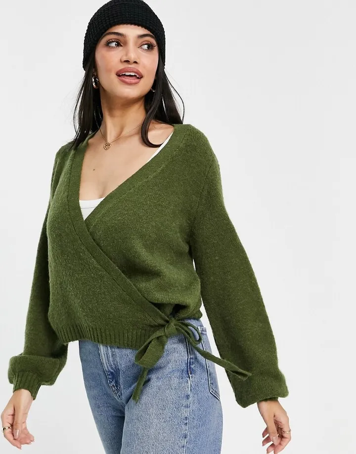 Pieces wrap cardigan in dark green