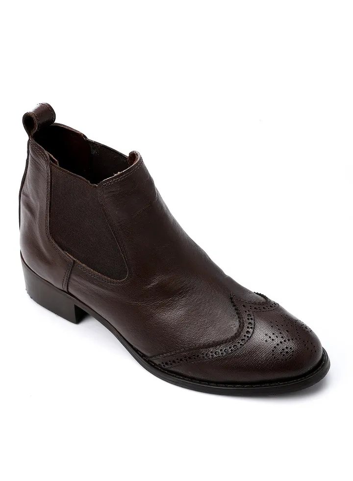 Perforated Pattern Oval Toecap Ankel Boots - Chocolate Brown