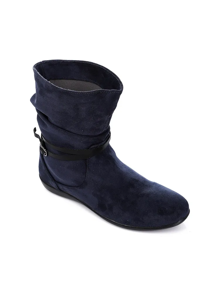 Slip On Simple Suede Flat Boots - Navy Blue