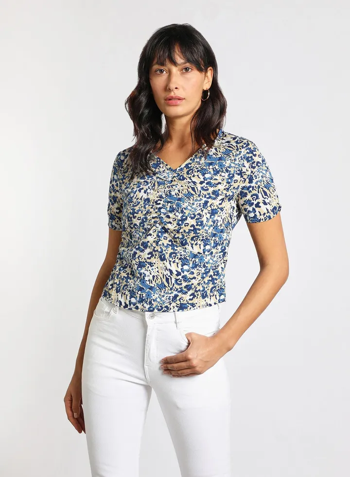 Women's Short Sleeves V-Neck Crop Top Blue/White/Beige