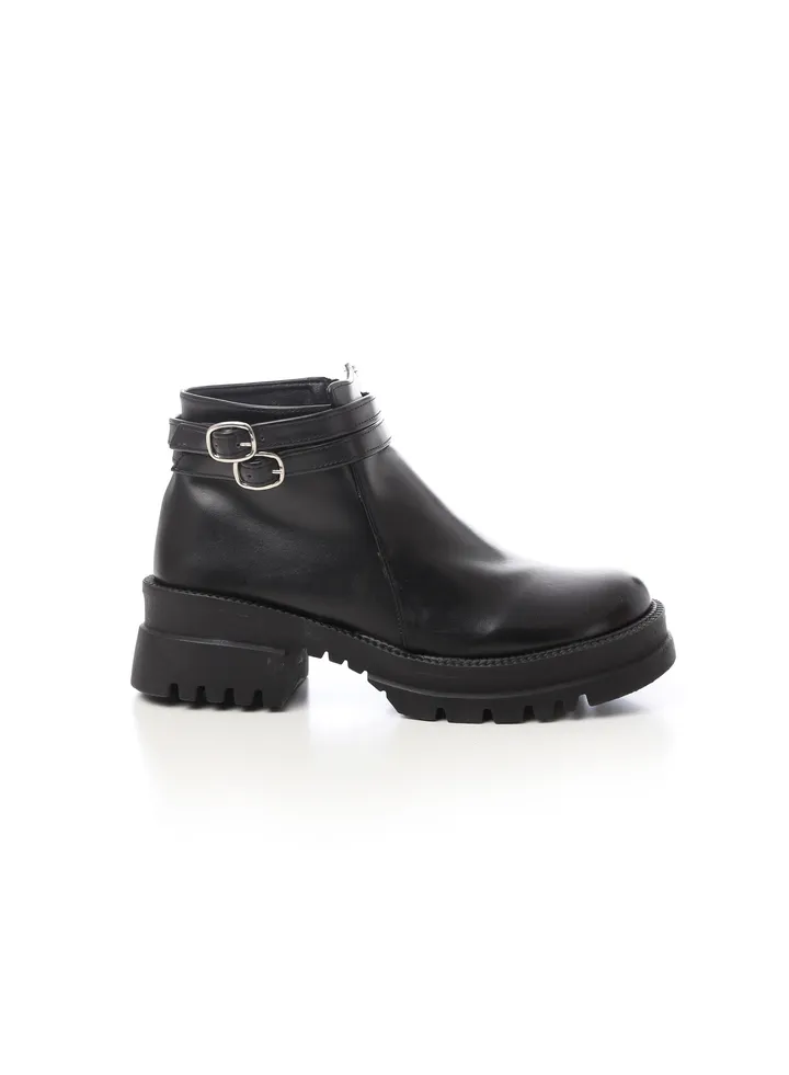 Side Zipper Leather Ankle Boots Black