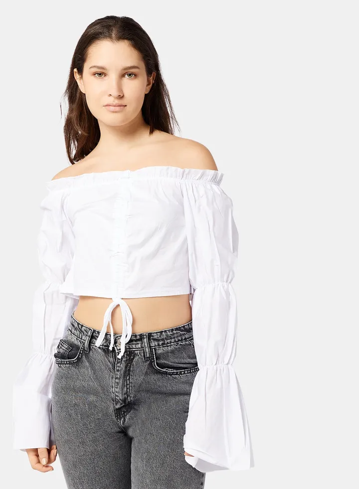 Ruched Long Sleeve Crop Top White