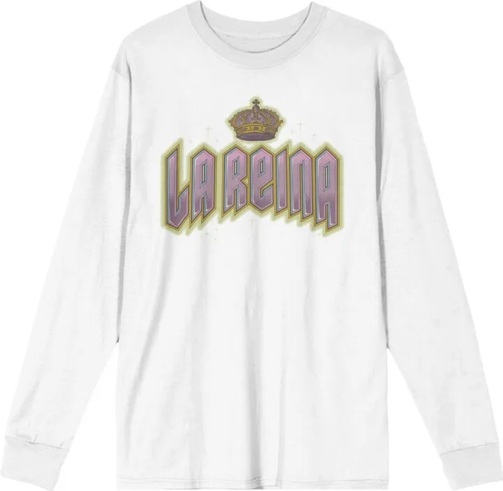 "La Reina" ("Queen") Metallic Font Adult White Long Sleeve Crew Neck Tee-XXL