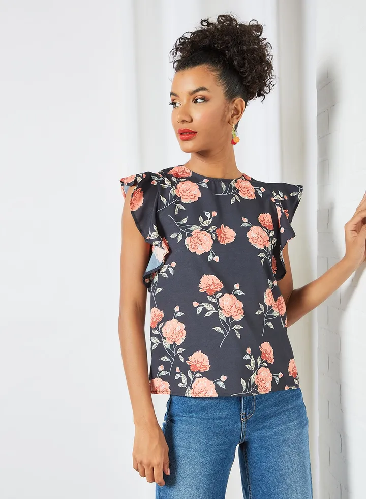 Printed Ruffle Sleeve Top Black