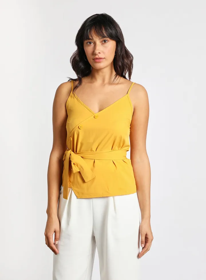 Women's Casual Straps Sleeveless Cotton Blend Cami Crop Top With V-Neck And Belt Yellow