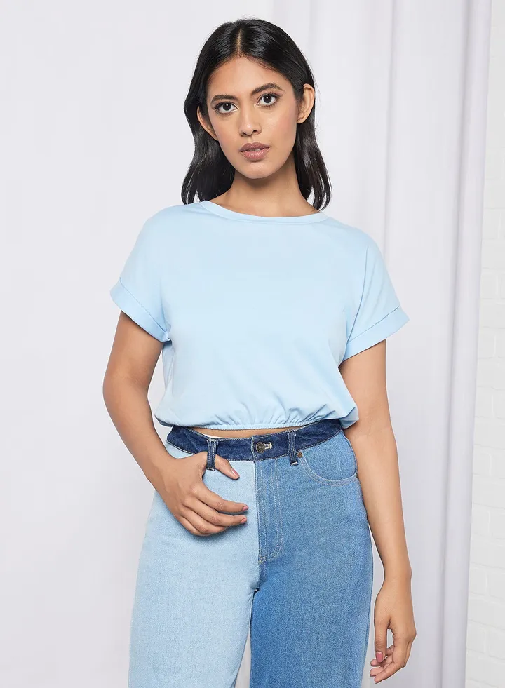 Women's Solid Design Casual Crop Top Blue