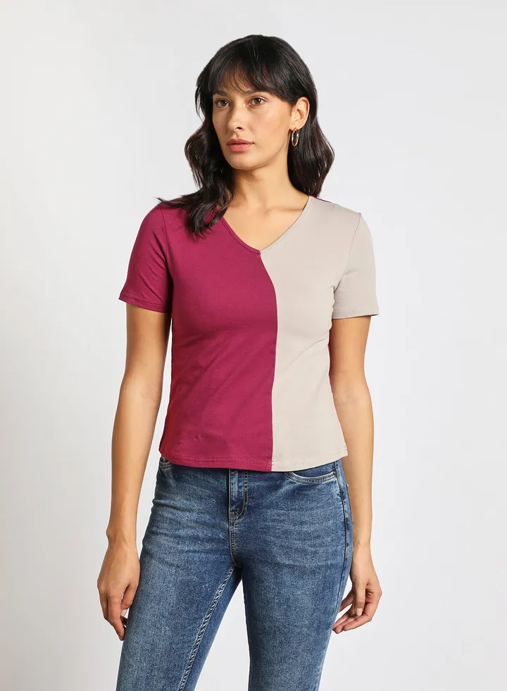Women's V Neck Colour Block Short Sleeve Knitted Top Modena/Grey