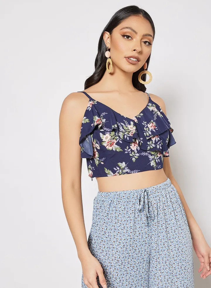 Floral Print Crop Top Blue