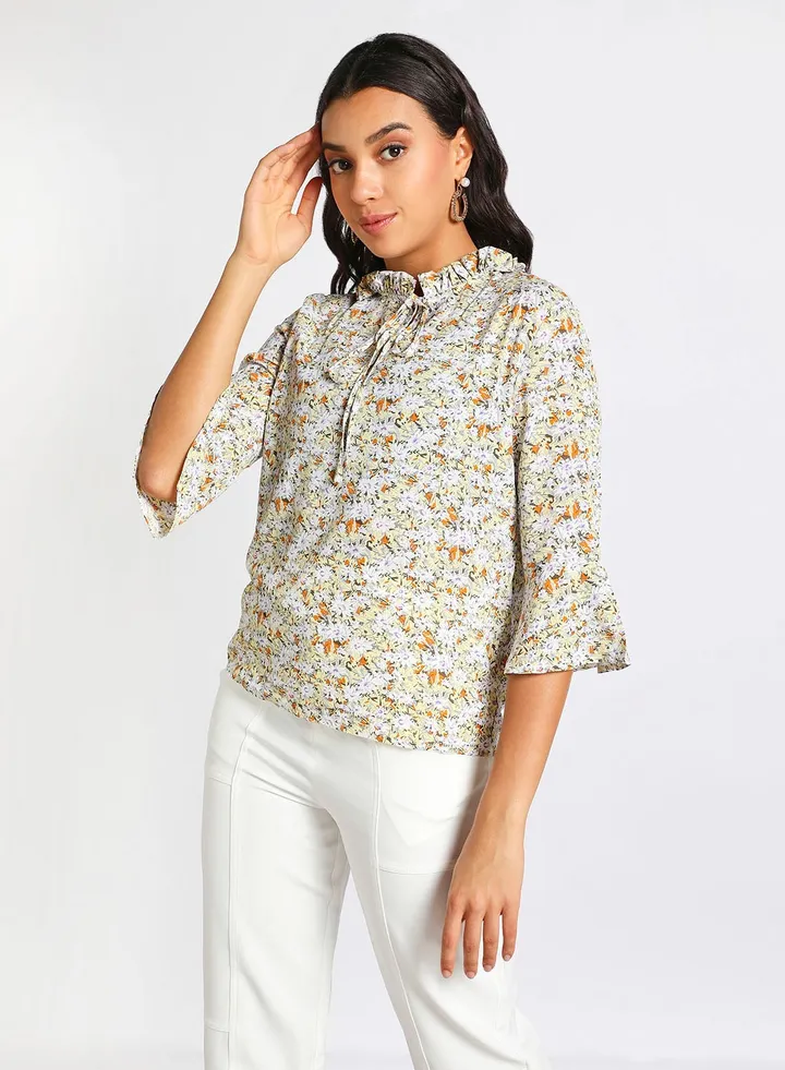 Women's Casual Shirring Collar Tie Neck Half Sleeve Printed Shirts Yellow Print