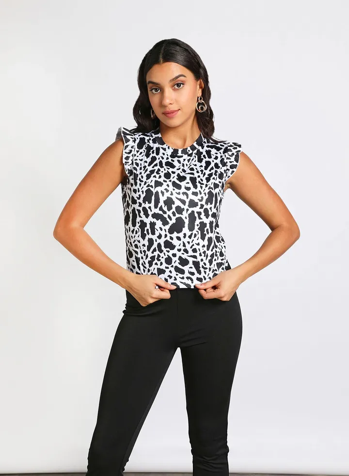 Women's Casual Ruffles Around Armhole Sleeveless Round Neck Knit Tank Black/White