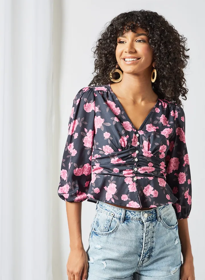 Floral Print Crop Top Black