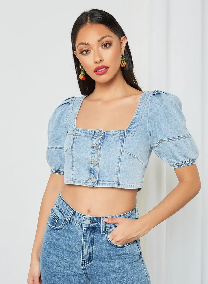 Puff Sleeve Denim Crop Top Blue