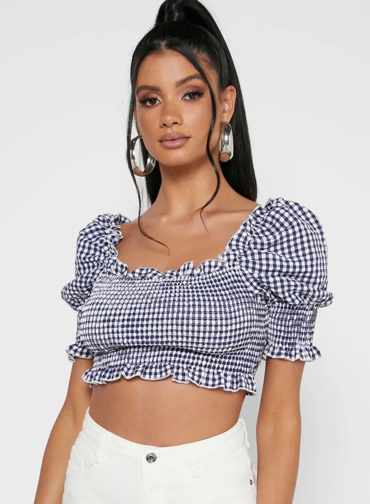 Shirred Puff Sleeve Crop Top