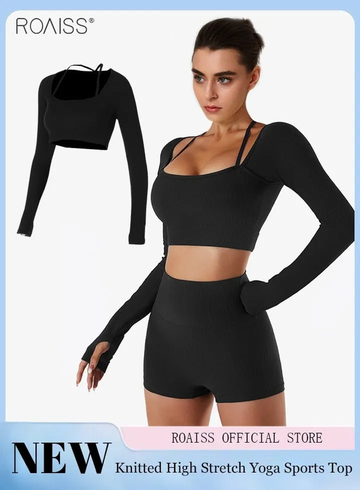 Yoga Cropped Top Long Sleeve Chest Cushion Top Fitness Sportwear Cycling Wear Black