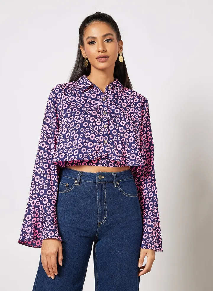 Stylish floral hi low shirt with bell sleeves White