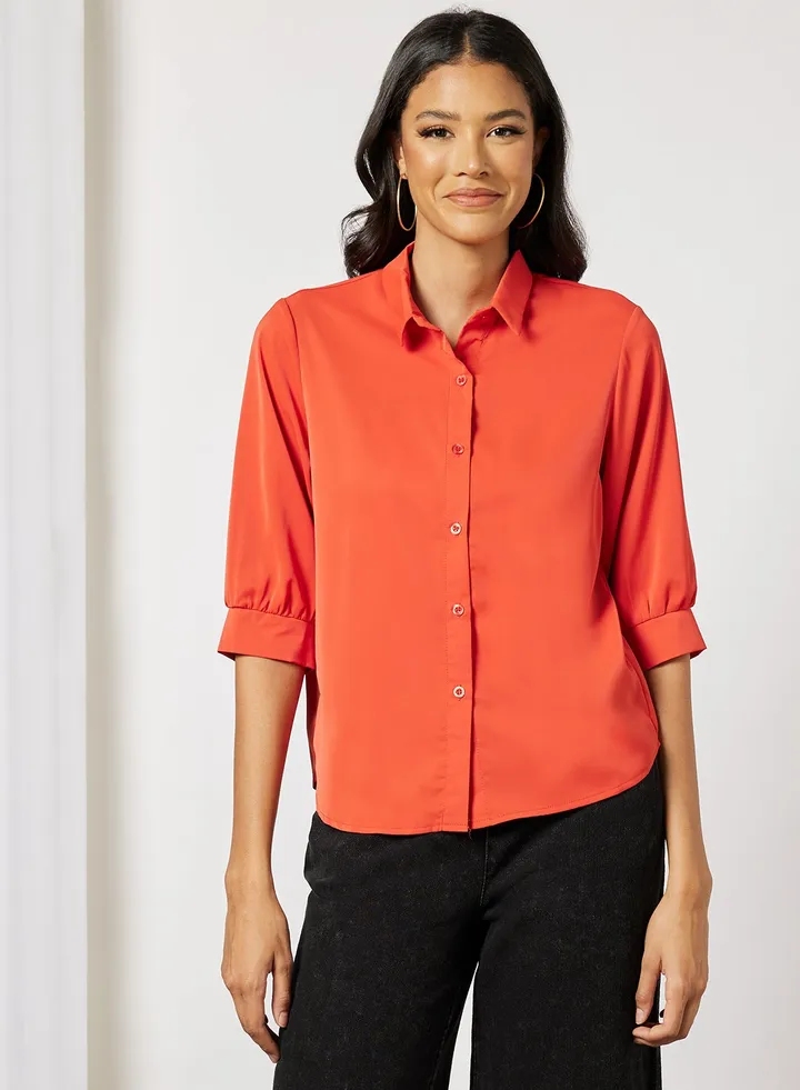 Women's Casual Long Sleeve Loose Fit Solid Shirt Orange