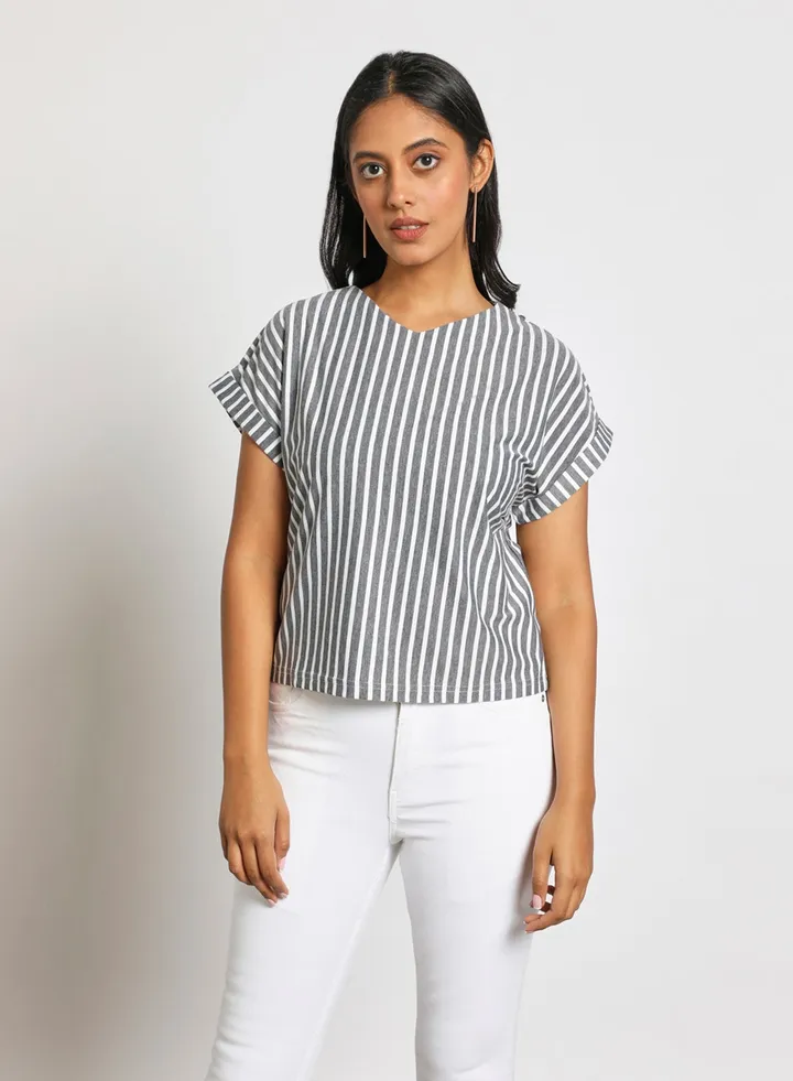 Women's Casual Short Sleeve Stripes Crop Top Grey