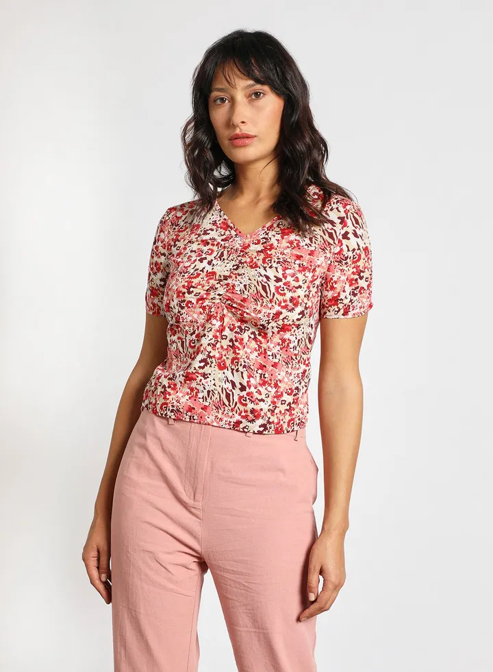 Women's Short Sleeves V-Neck Crop Top Red/White/Purple