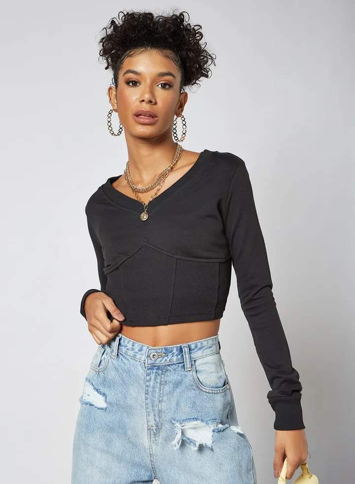 Ribbed Hem Crop Top Black