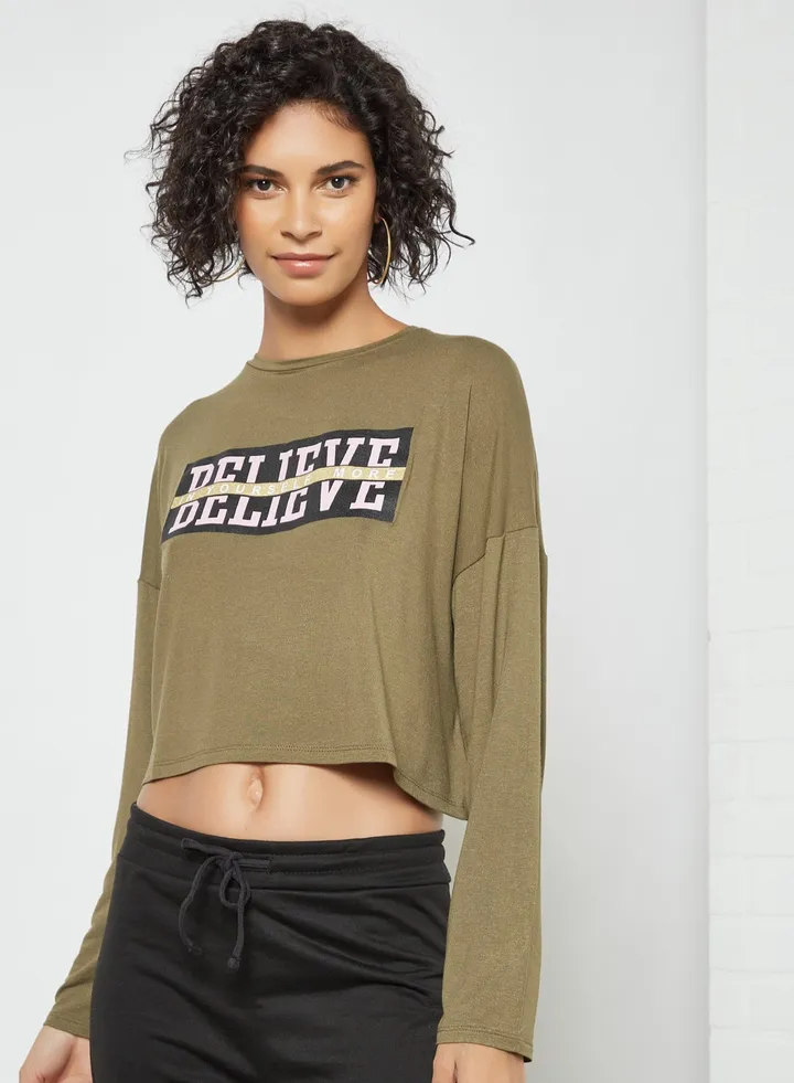 Slogan Long Sleeve Crop Top Green