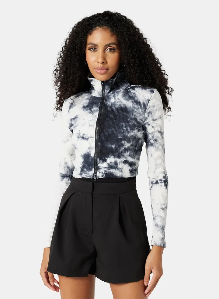 Zip-Up Crop Top Black/White