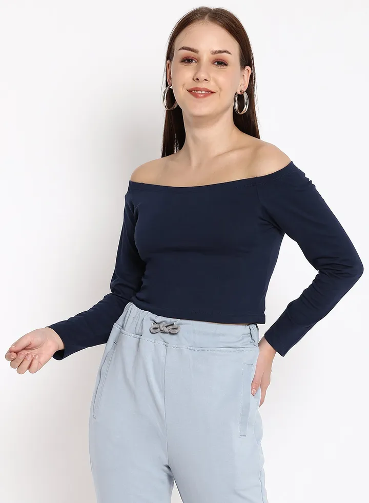Solid Cotton Jersey Crop Top Blue