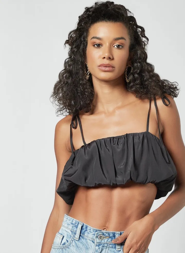 Ruffle Detail Crop Top Black