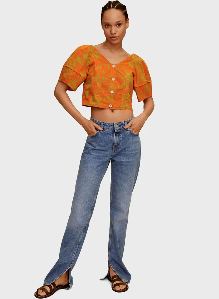 Puff Sleeve Printed Crop Top