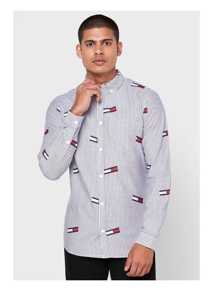 Flag Print Stripe Slim Fit Shirt in White/Navy Multicolour