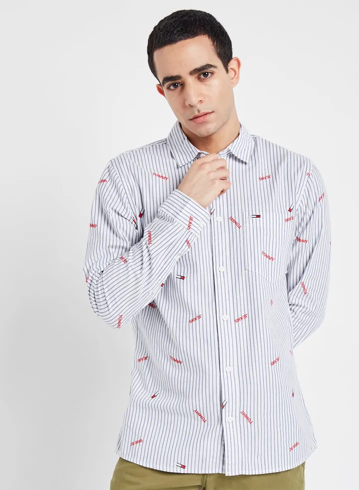 Striped Logo Print Chambray Shirt Classic White/Black