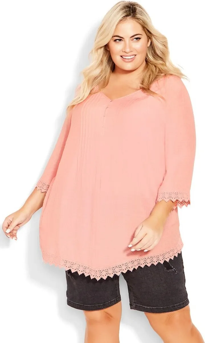 AVENUE| Women's Plus Size Ellie Pintuck Lace Top - blush - 20W